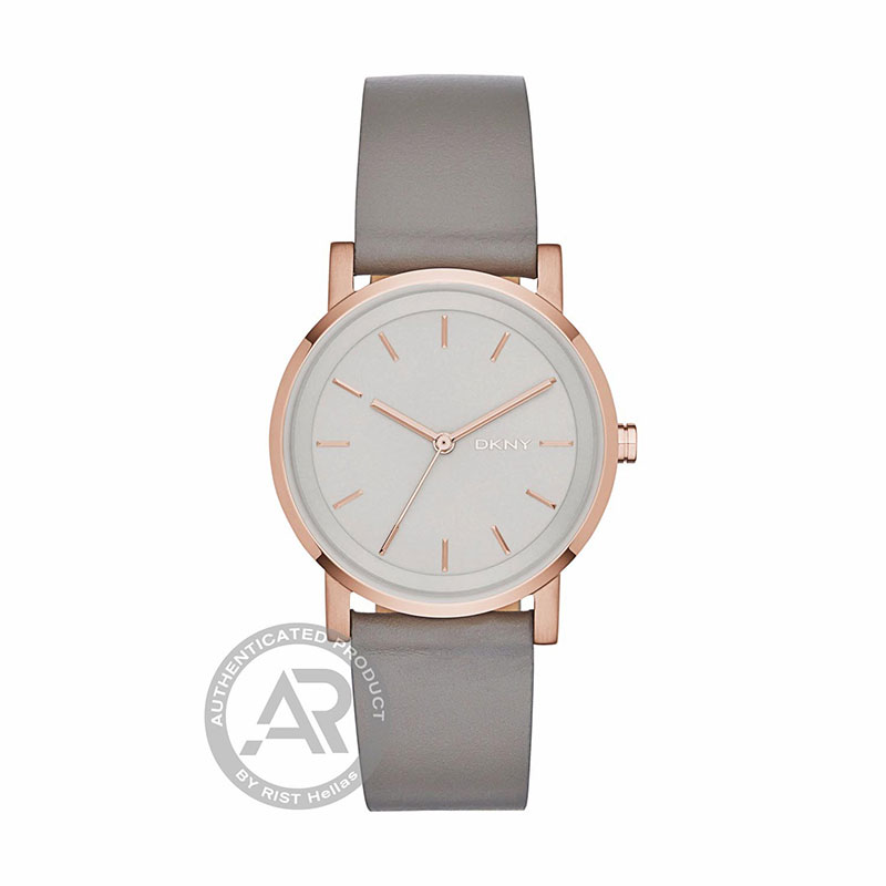 DKNY Soho womens rose gold-plated stainless steel watch with gray dial and gray leather strap.