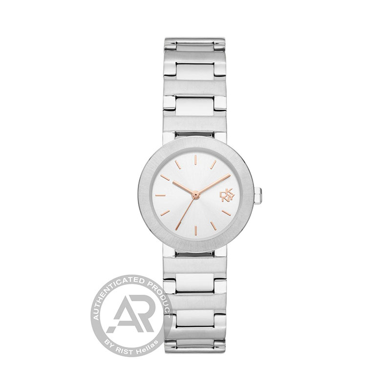 Womens DKNY Metrolink stainless steel watch with silver dial and bracelet.