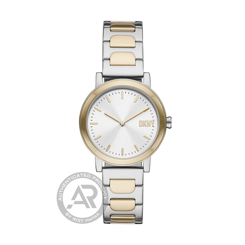 Womens DKNY Soho watch in stainless steel with silver dial and two-tone bracelet.