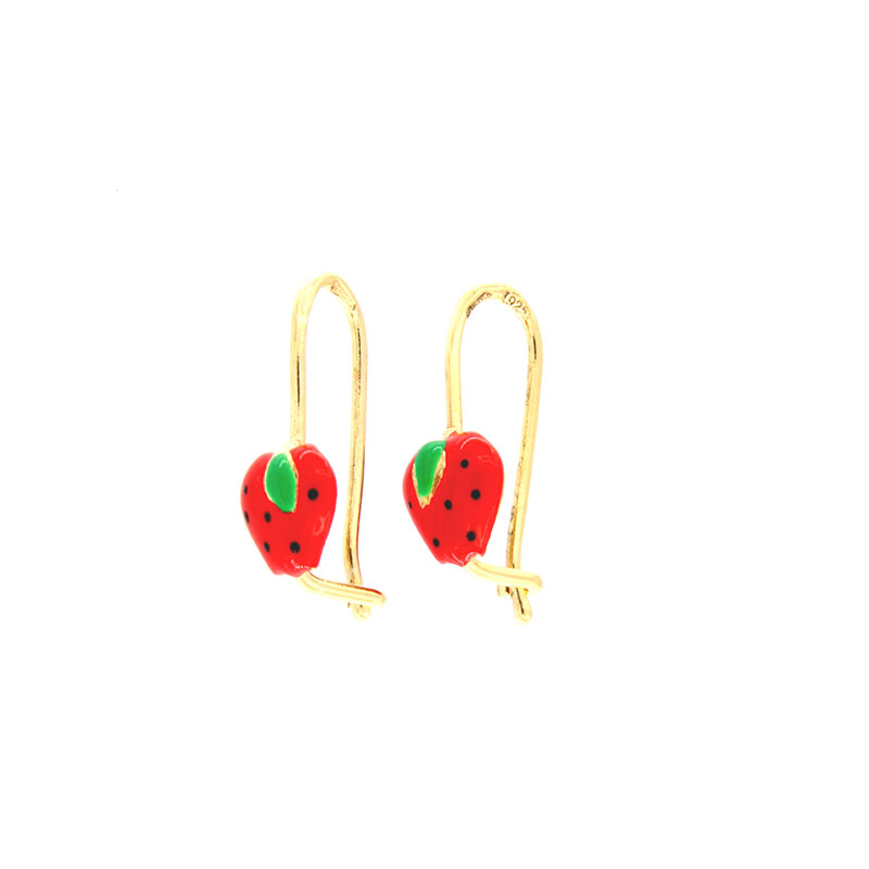 Childrens silver 925° gold-plated earrings in the shape of Strawberry decorated with enamel.