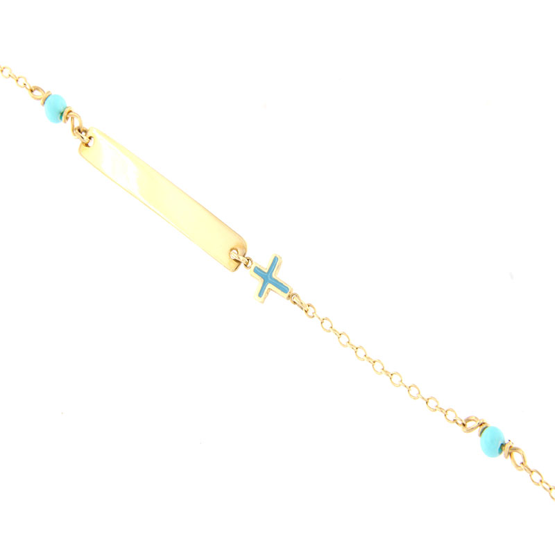 Childrens gold ID card for Boy and Girl K14 with a cross and natural turquoise blue.