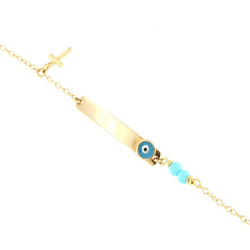 Childrens gold ID card for Boys and Girls K14 with eyelet, cross and natural turquoise blue.
