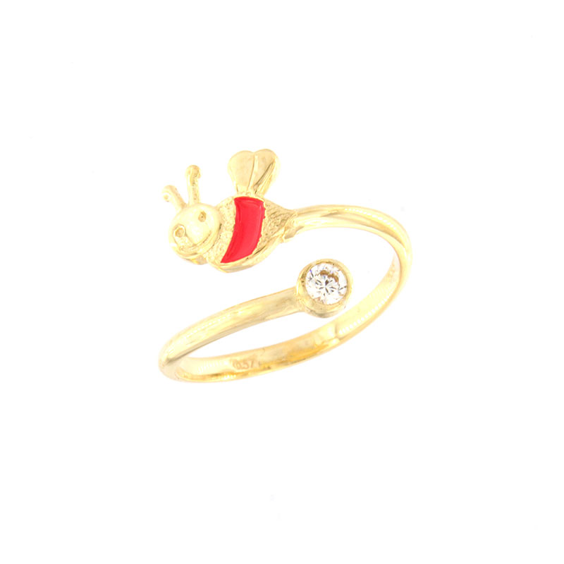 Childrens K14 gold ring in the shape of a bee with fuchsia enamel and white zircon.