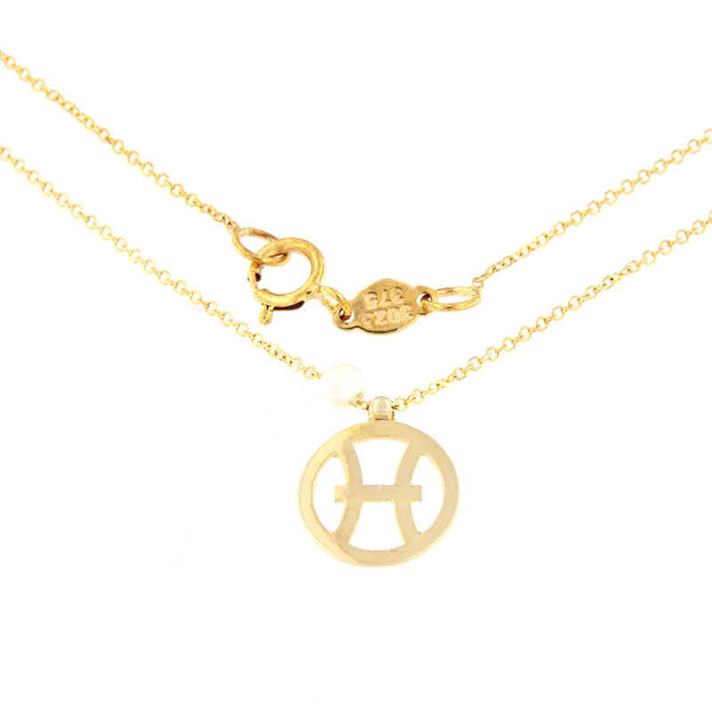 Handmade gold zodiac sign with IXTHUS K9 chain and natural pearl.