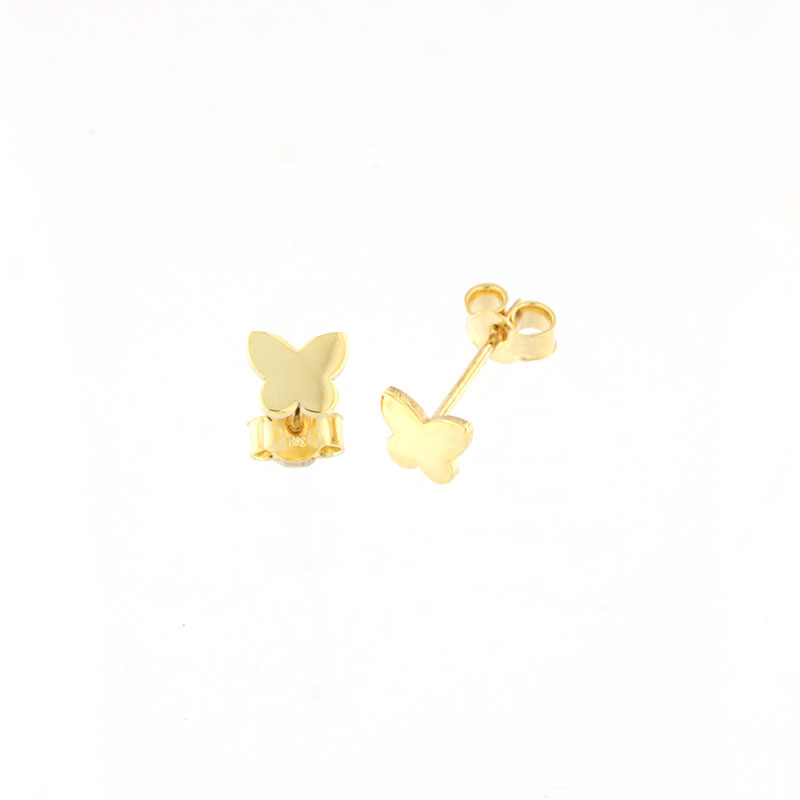 Παιδικά χειροποίητα χρυσά σκουλαρίκια Κ9 σε σχήμα πεταλούδας με λουστρέ επιφάνεια.