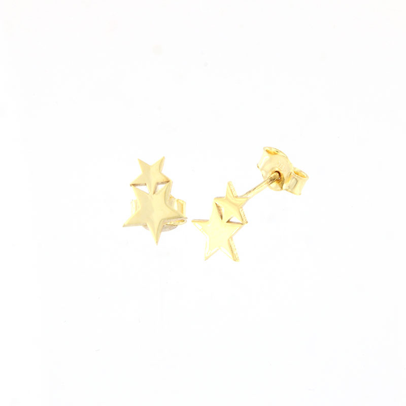Childrens handmade gold earrings K9 in double star shape with patented gold surface.