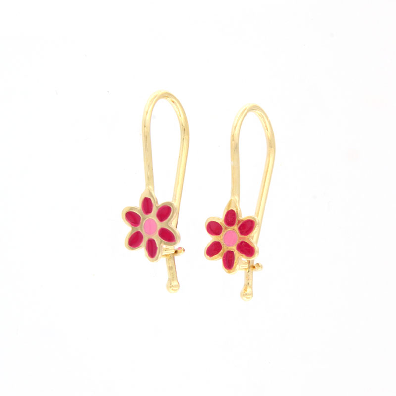 9K Childrens gold earrings in flower shape decorated with enamel.