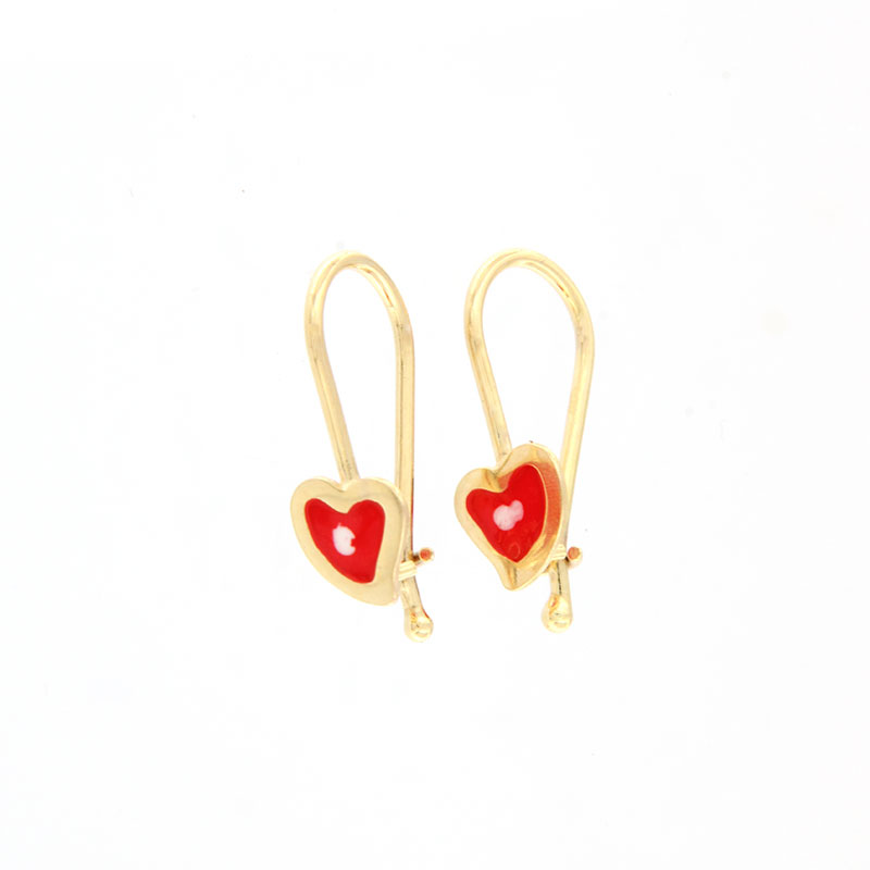 9K Childrens gold earrings in heart shape decorated with enamel.