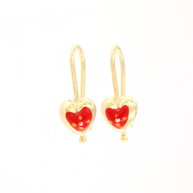 9K Childrens gold earrings in heart shape decorated with enamel.