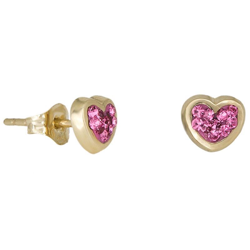 Παιδικά χρυσά σκουλαρίκια Κ9 σε σχήμα καρδίας διακοσμημένα με ροζ ζιργκόν.