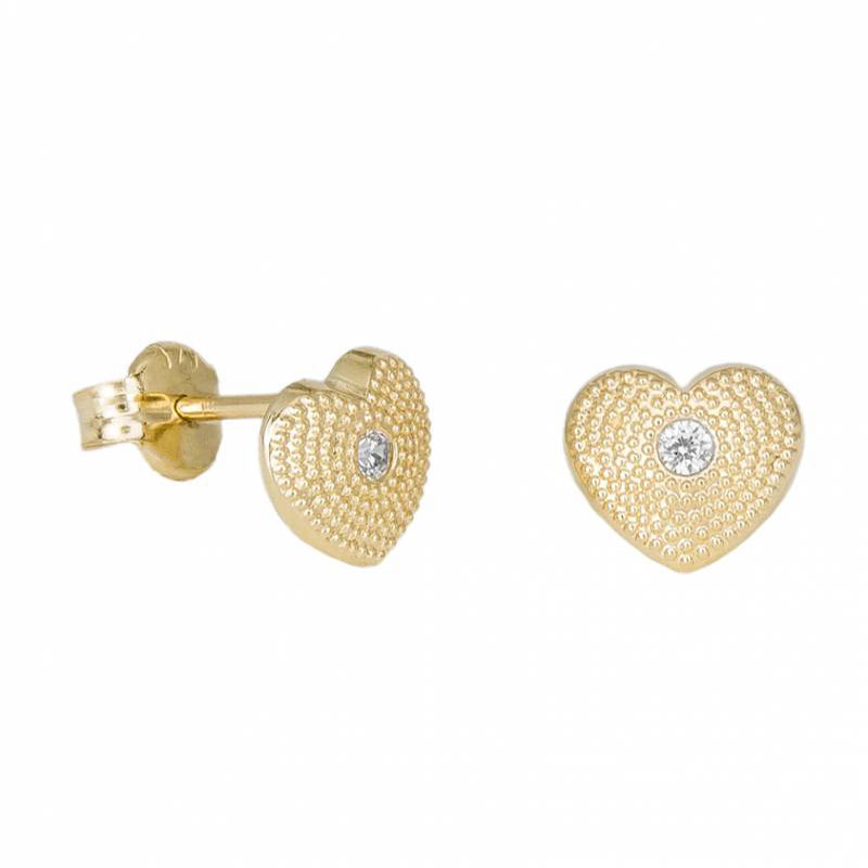 Παιδικά χρυσά σκουλαρίκια Κ9 σε σχήμα καρδίας διακοσμημένα με λευκά ζιργκόν.