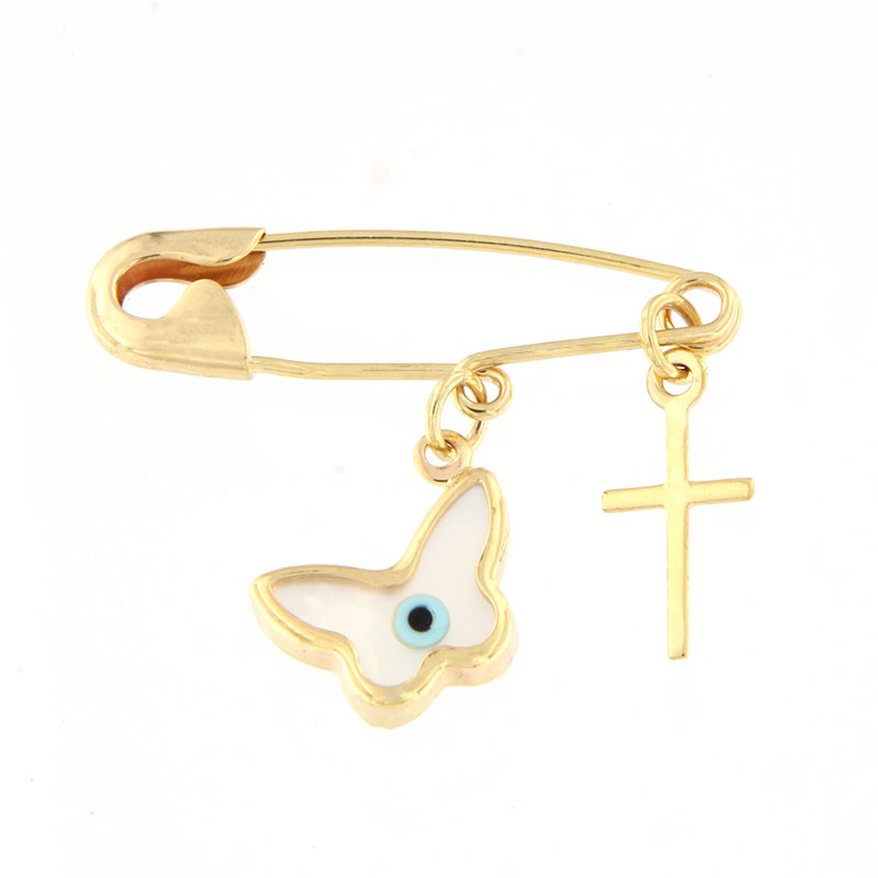 Golden safety pin for Girl K9 with butterfly and cross.