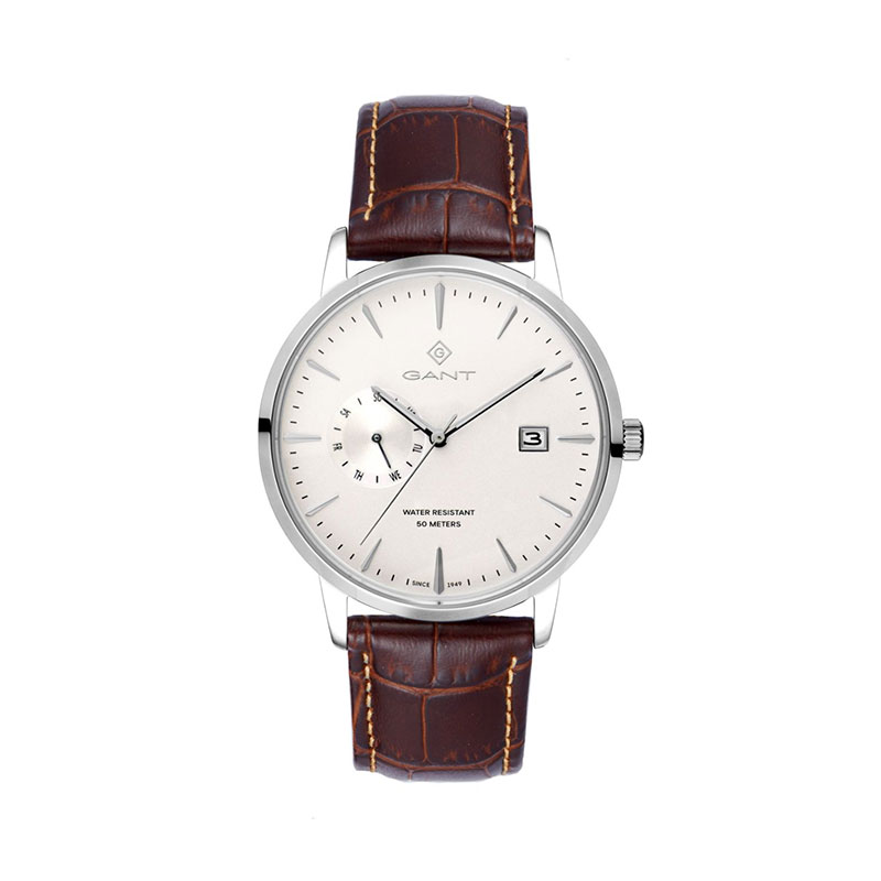 Ανδρικό ρολόι Gant από ανοξείδωτο ατσάλι με λευκό καντράν και δερμάτινο καφέ λουράκι.