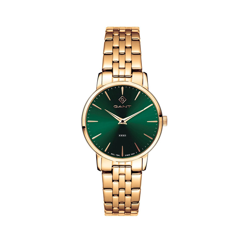 Womens Gant watch in gold stainless steel with green dial and bracelet.