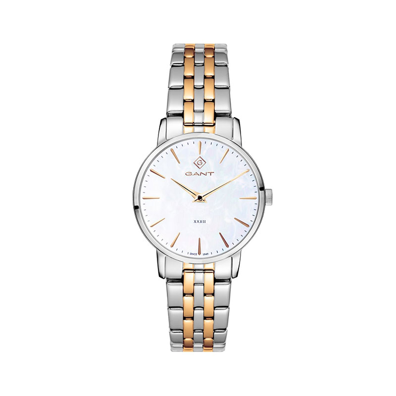 Womens Gant watch in two-tone stainless steel with white mother of pearl dial and bracelet.