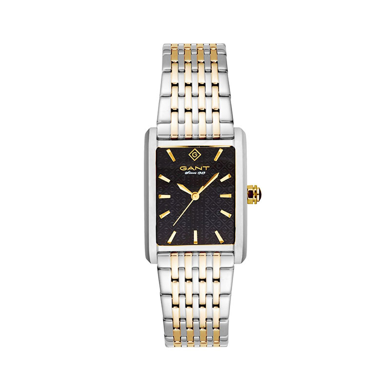 Womens Gant watch in two-tone stainless steel with black dial and bracelet.