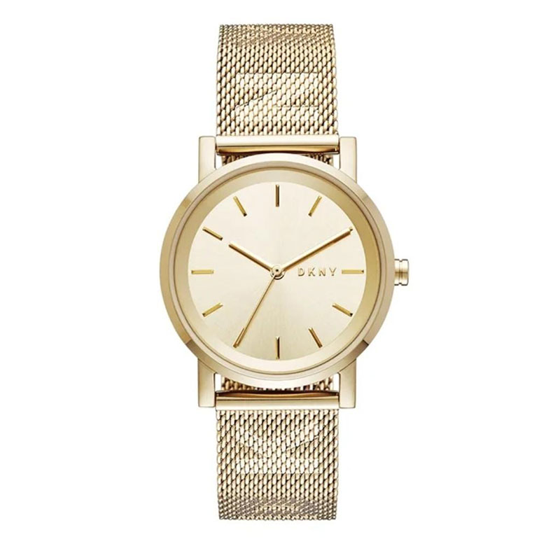 Womens DKNY SOHO stainless steel watch with gold dial and bracelet.