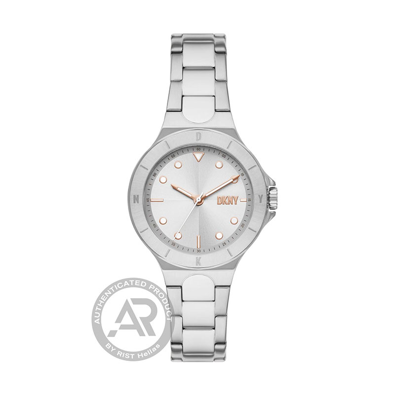 Womens DKNY CHAMBERS stainless steel watch with silver dial and bracelet.