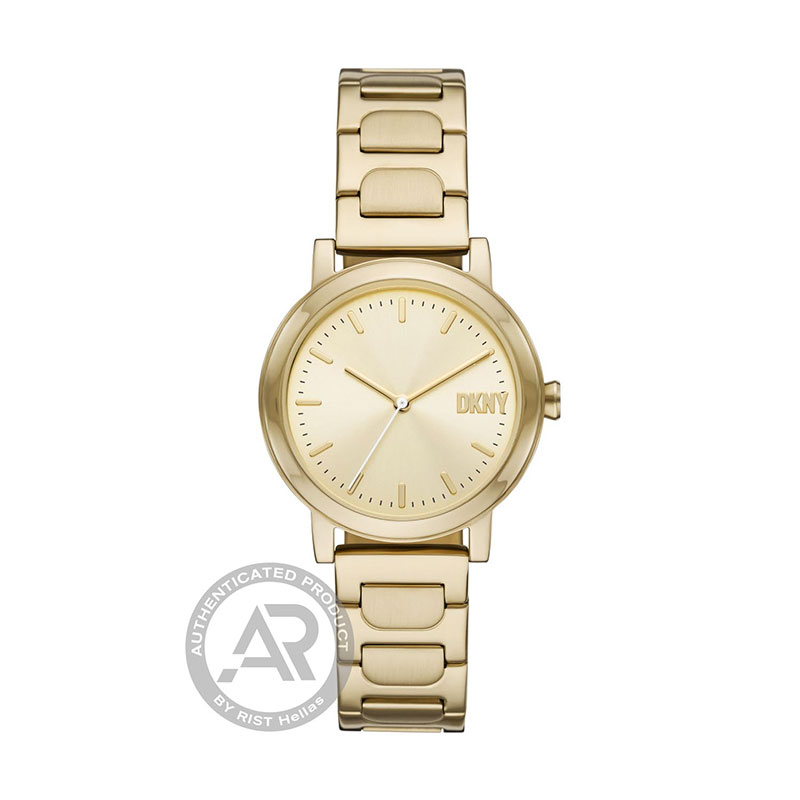 Womens DKNY Soho D stainless steel watch with gold dial and bracelet.