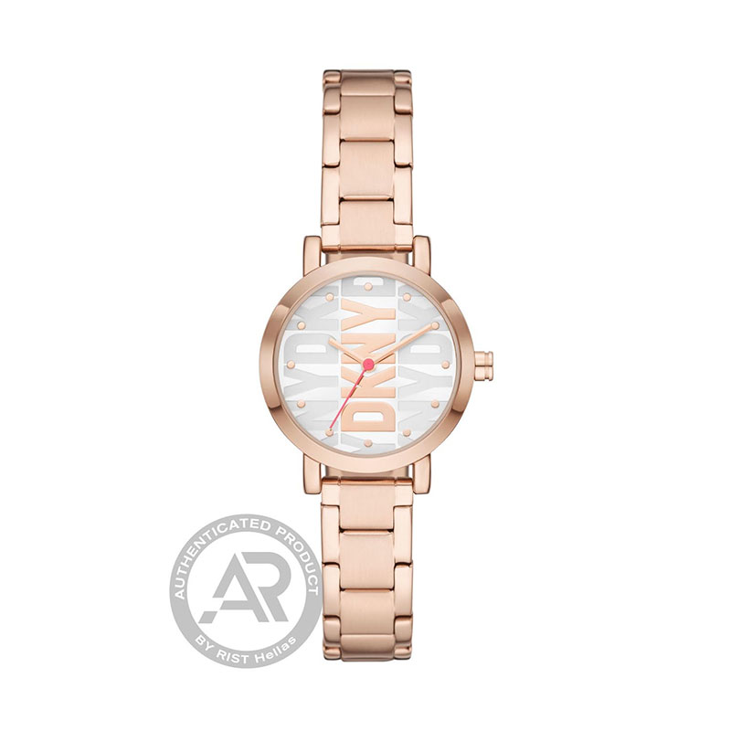Womens DKNY SOHO watch in pink stainless steel with silver dial and bracelet.