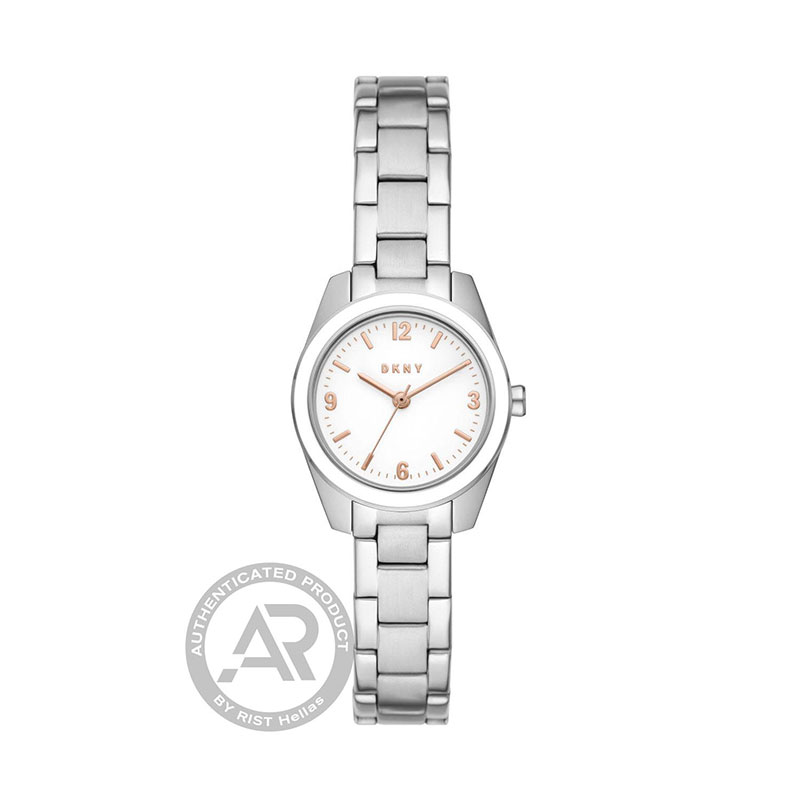Womens DKNY NOLITA stainless steel watch with silver dial and bracelet.