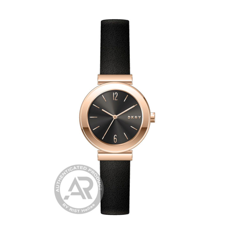 Womens DKNY STANHOPE watch in pink gold plated stainless steel with black dial and leather strap.