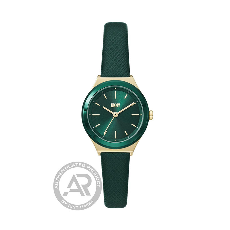 DKNY Parsons womens watch in yellow gold plated stainless steel with green dial and leather strap.