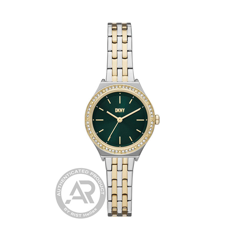 DKNY womens watch in two-tone stainless steel with green dial and bracelet.