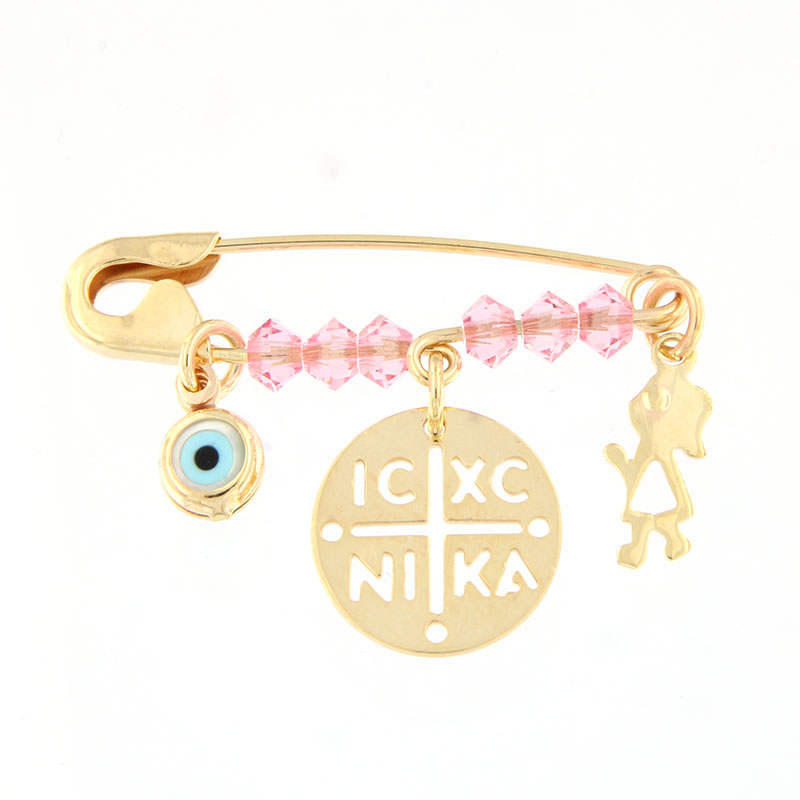 Childrens golden safety pin for Girl K9 with a gold pin, girl and peep toe.