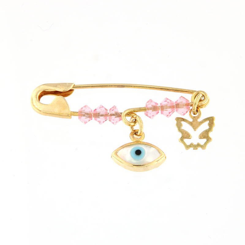 9K Girls Golden safety pin with eye and butterfly.