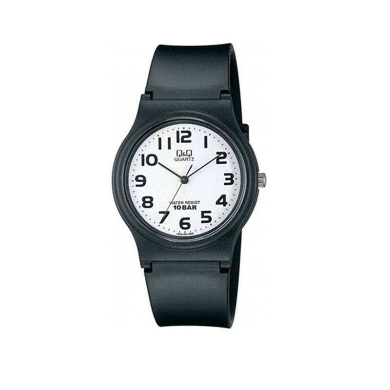 unisex Q&Q wristwatch with white dial and black rubber strap.
