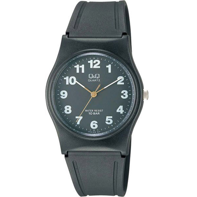 unisex Q&Q wristwatch with black dial and black rubber strap.