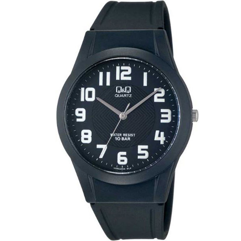 Mens Q&Q wrist watch with black dial and black rubber strap.