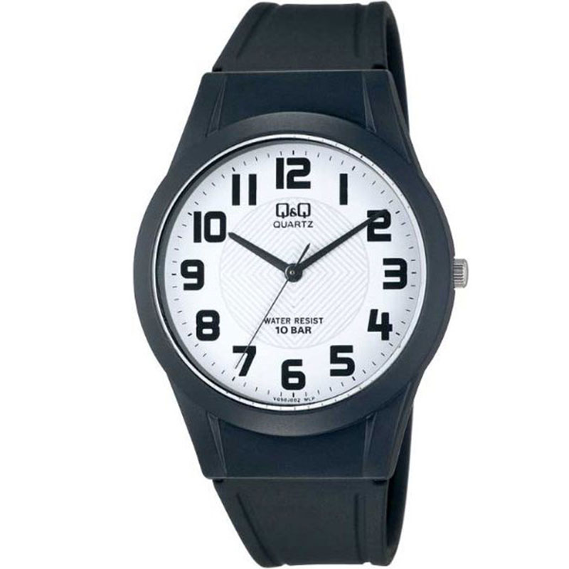 Mens Q&Q wrist watch with white dial and black rubber strap.