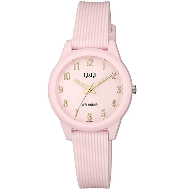Q&Q childrens wrist watch with pink dial and pink rubber strap.