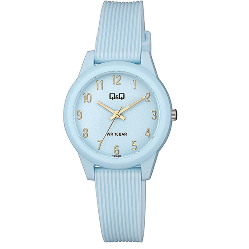Q&Q kids wrist watch with light blue dial and light blue rubber strap.
