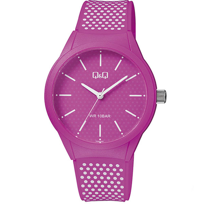 Womens Q&Q wristwatch with fuchsia dial and fuchsia rubber strap.