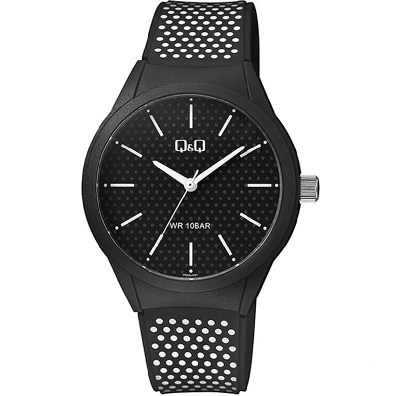 Womens Q&Q wristwatch with black dial and black rubber strap.