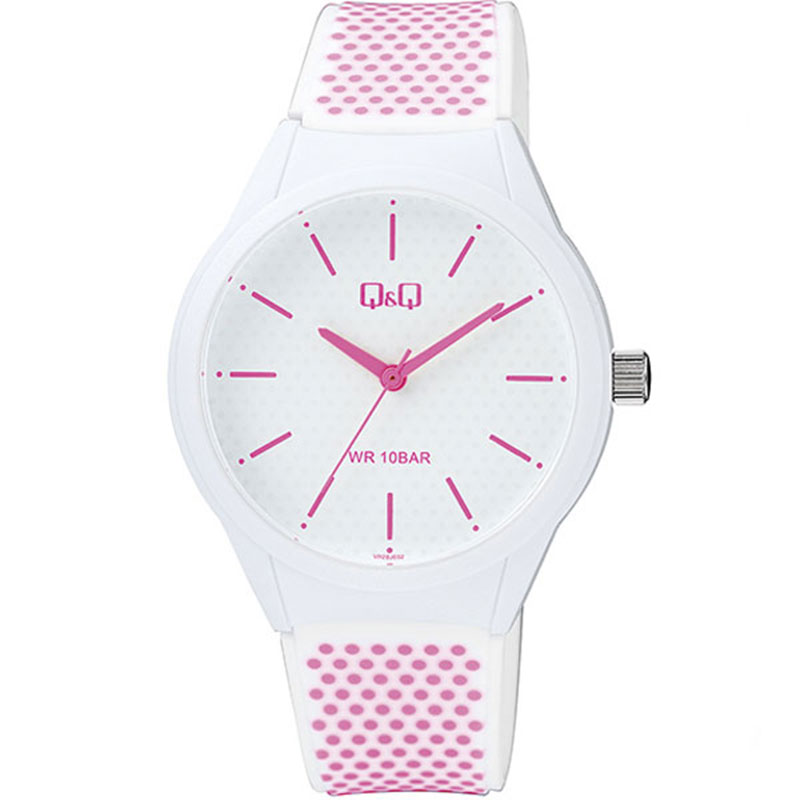 Womens Q&Q wristwatch with white dial and white rubber strap.
