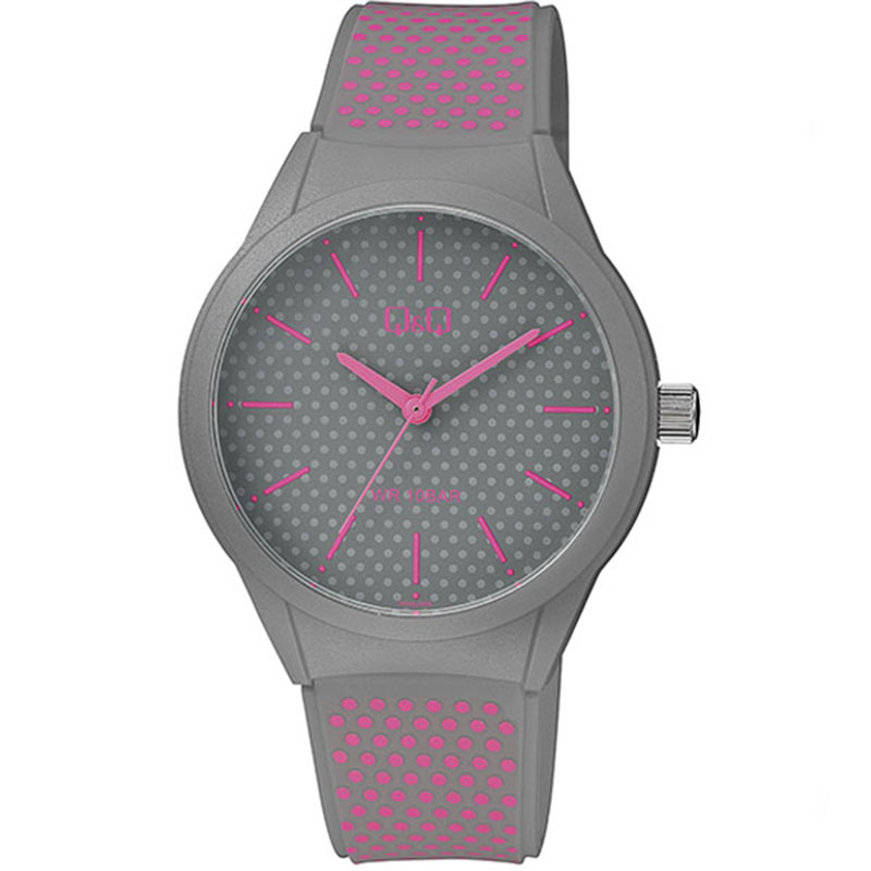 Womens Q&Q wristwatch with grey dial and grey rubber strap.