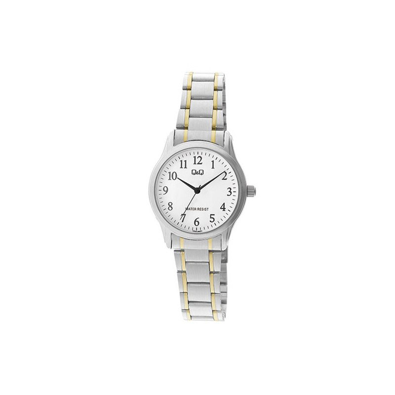 Womens Q&Q wristwatch with white dial and two-tone bracelet.