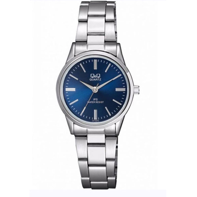 Womens Q&Q wristwatch with blue dial and silver bracelet.