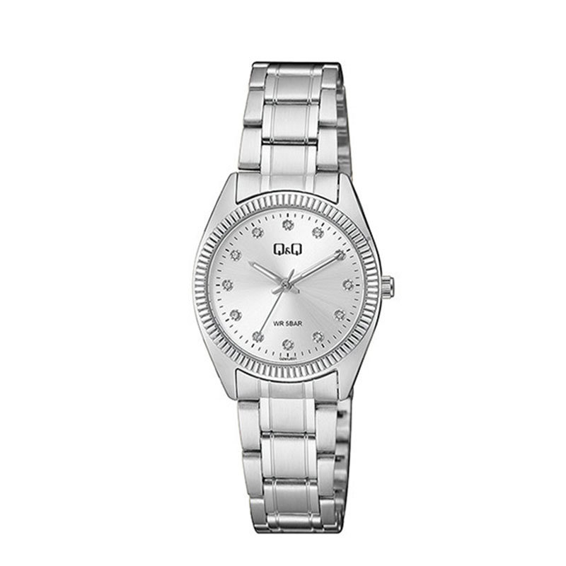 Womens Q&Q wristwatch in white dial with silver bracelet and cubic zirconia.