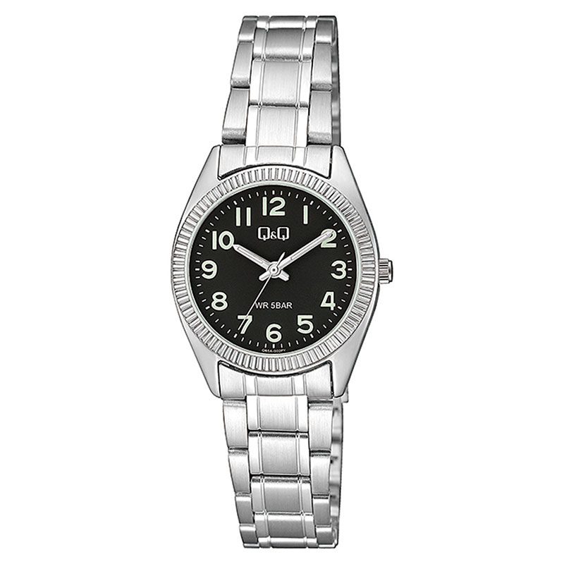 Womens Q&Q wristwatch with black dial and silver bracelet.