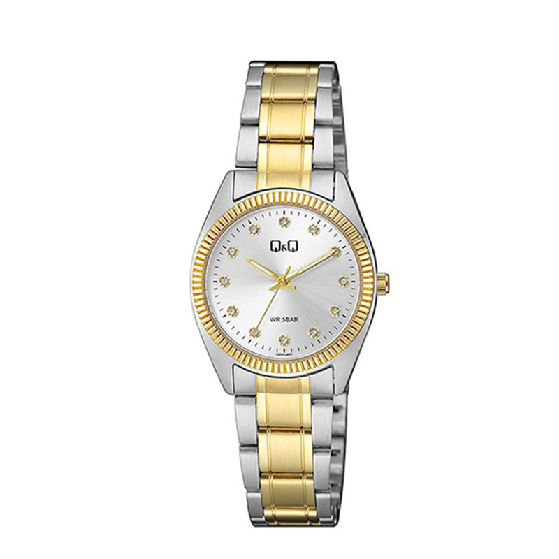 Womens Q&Q wristwatch in white dial with two-tone bracelet and cubic zirconia.
