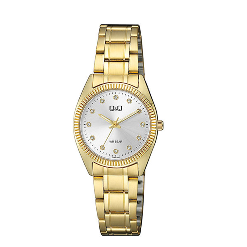 Womens Q&Q wristwatch in white dial with gold bracelet and cubic zirconia. 