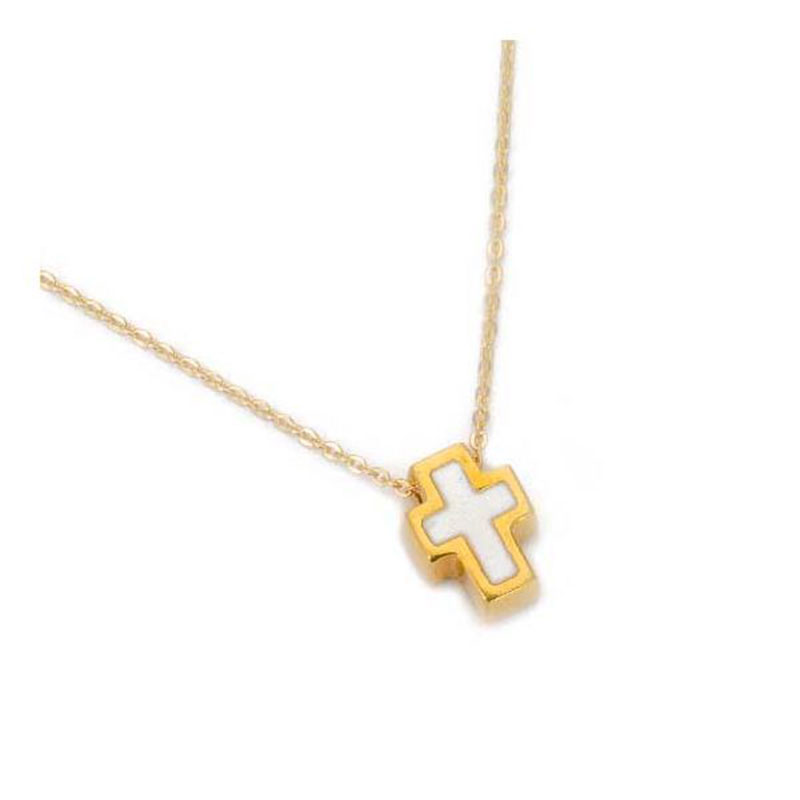 Womens silver gold plated cross 925 decorated with white enamel.