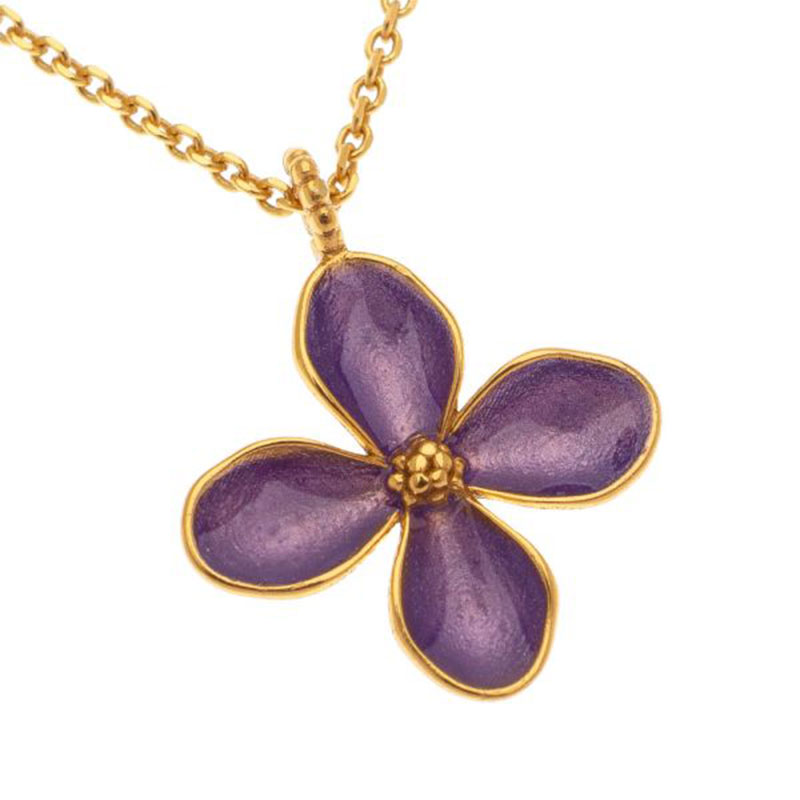 Womens silver gold plated cross in flower shape 925 decorated with purple enamel.