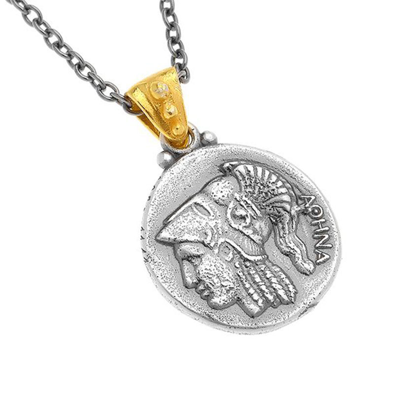 Womens two-tone silver pendant with black platinum chain 925° depicting THE GODDESS ATHENS.
