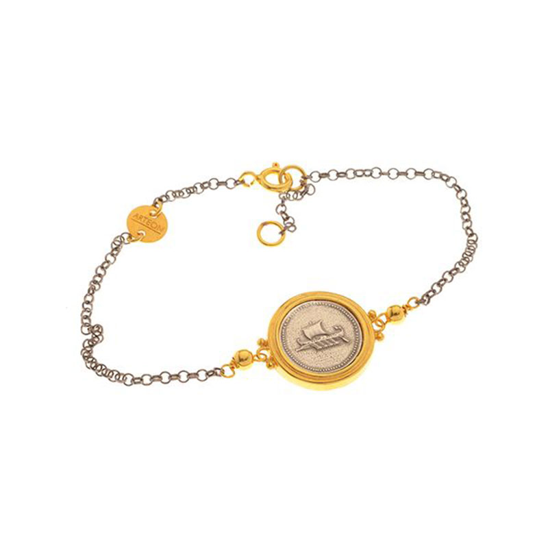 Womens silver bicolour bracelet with ARCHAIA TPIHPH 925° with black platinum chain and yellow elements.